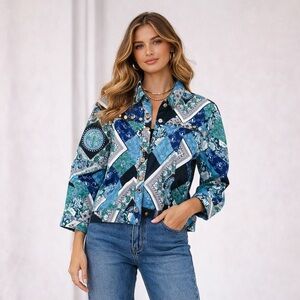 Y2K Choices XL Blue Boho Patchwork Cotton Jacket 2000s, Hand Embellished Shells